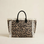 Leopard canvas fringe tote bag, front view