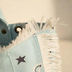 Close-up of fringe stitching and texture on Light Blue canvas fringe tote bag