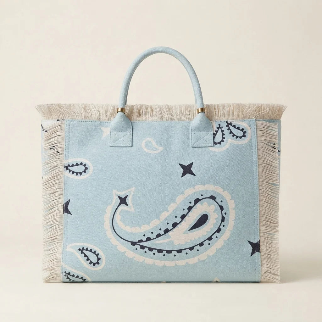 Light Blue canvas fringe tote bag, front view