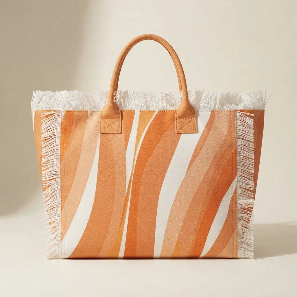 Back panel of Orange canvas fringe tote bag with strap attachments