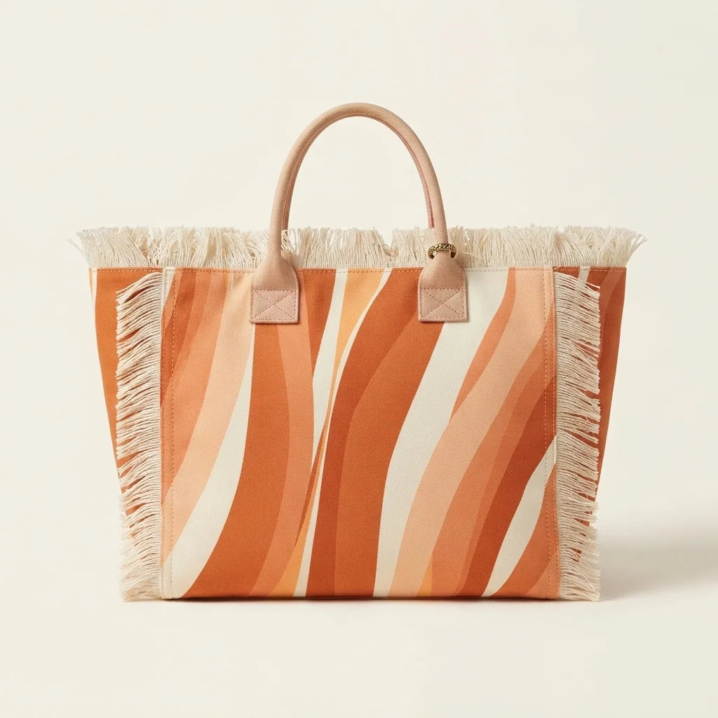 Orange canvas fringe tote bag, front view