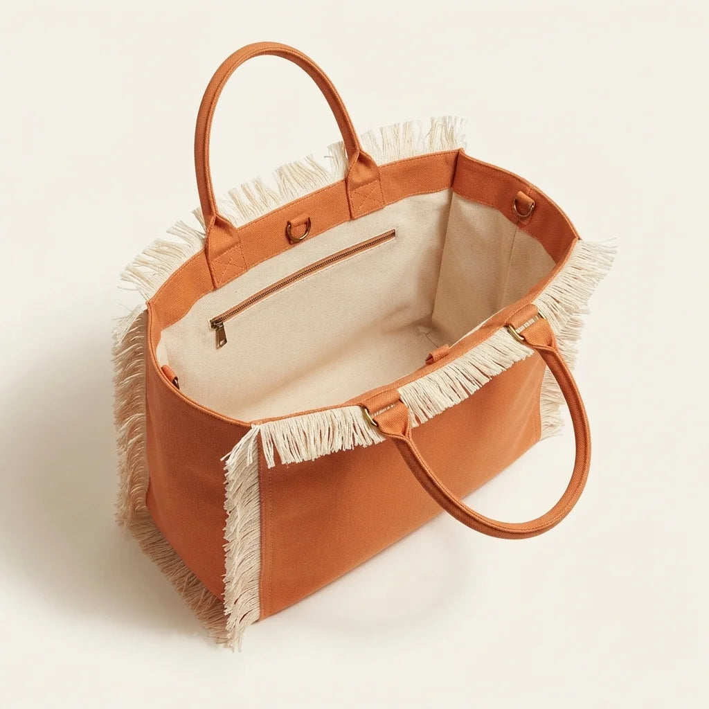 Interior lining and pockets of Orange canvas fringe tote bag