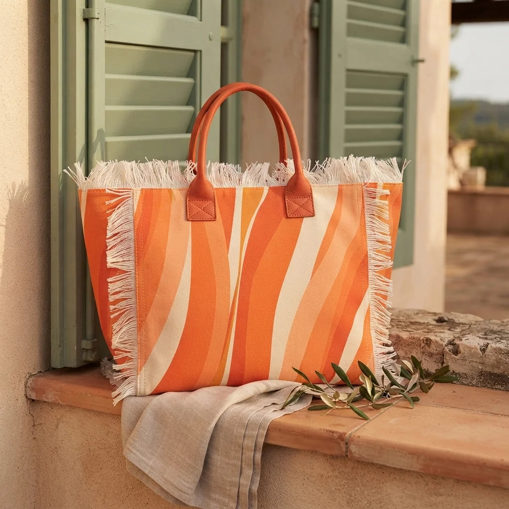 Orange canvas fringe tote bag styled in a warm Mediterranean setting
