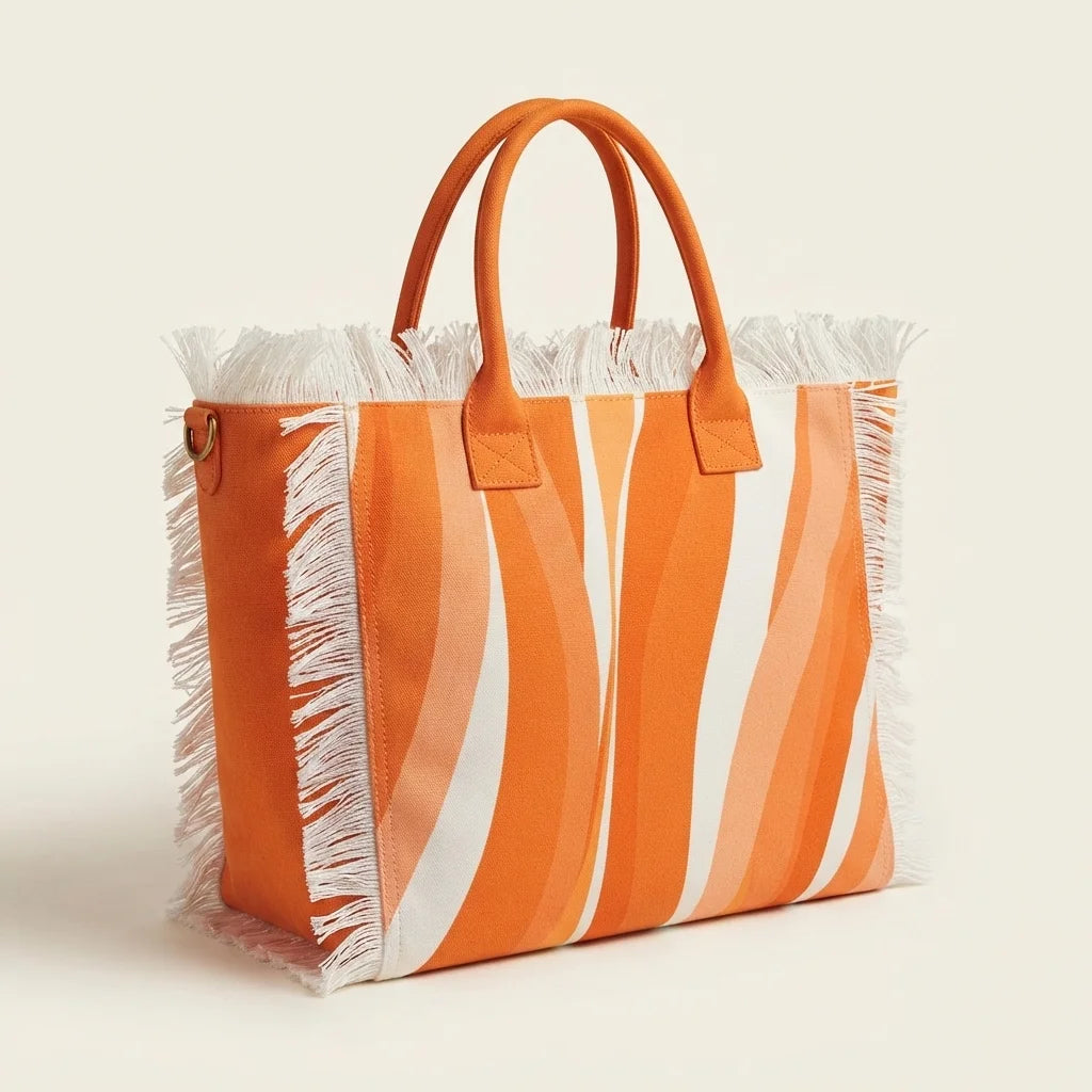 Orange canvas fringe tote bag, three-quarter angle showing side depth