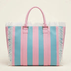 Back panel of Pink & Blue canvas fringe tote bag with strap attachments