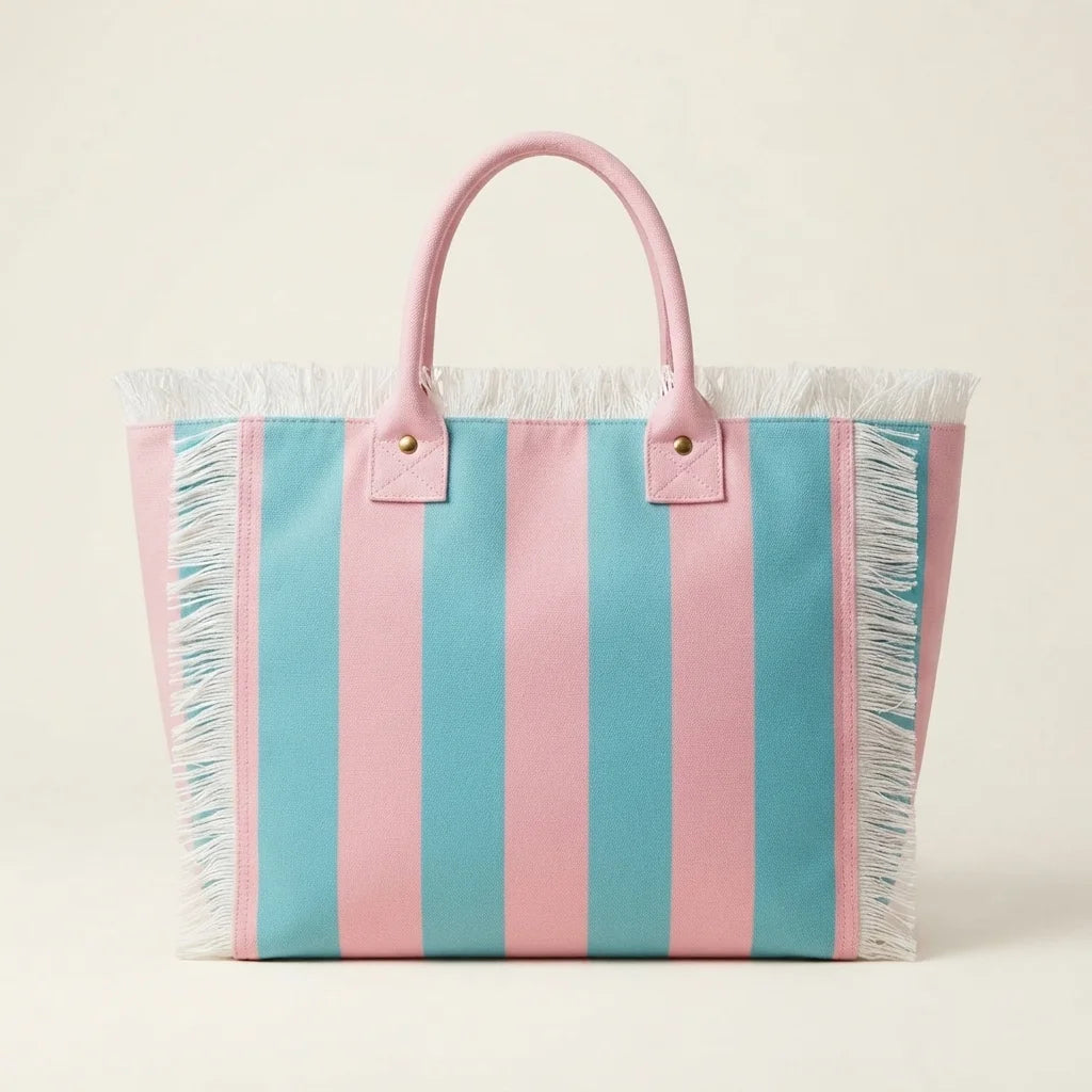 Pink & Blue canvas fringe tote bag, front view