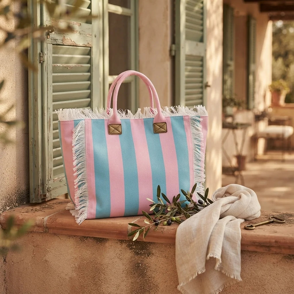 Pink & Blue canvas fringe tote bag styled in a warm Mediterranean setting