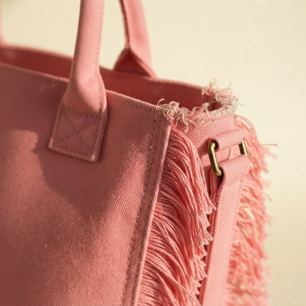 Close-up of fringe stitching and texture on Pink canvas fringe tote bag