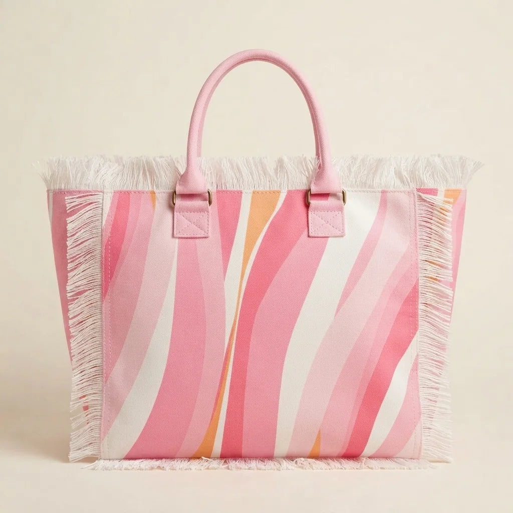 Back panel of Pink & White canvas fringe tote bag with strap attachments