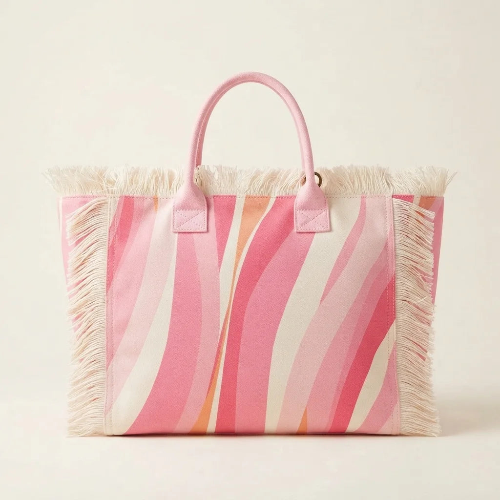 Pink & White canvas fringe tote bag, front view