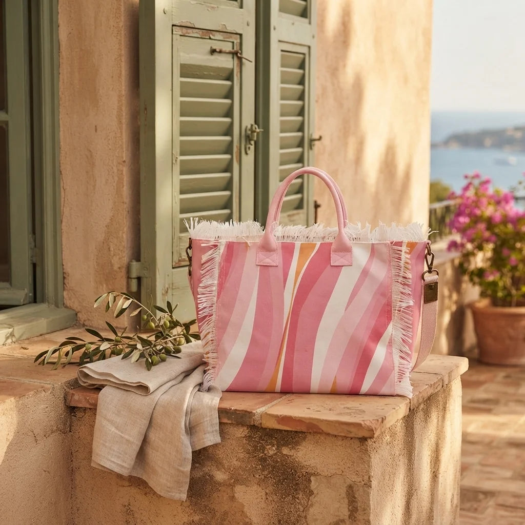 Pink & White canvas fringe tote bag styled in a warm Mediterranean setting