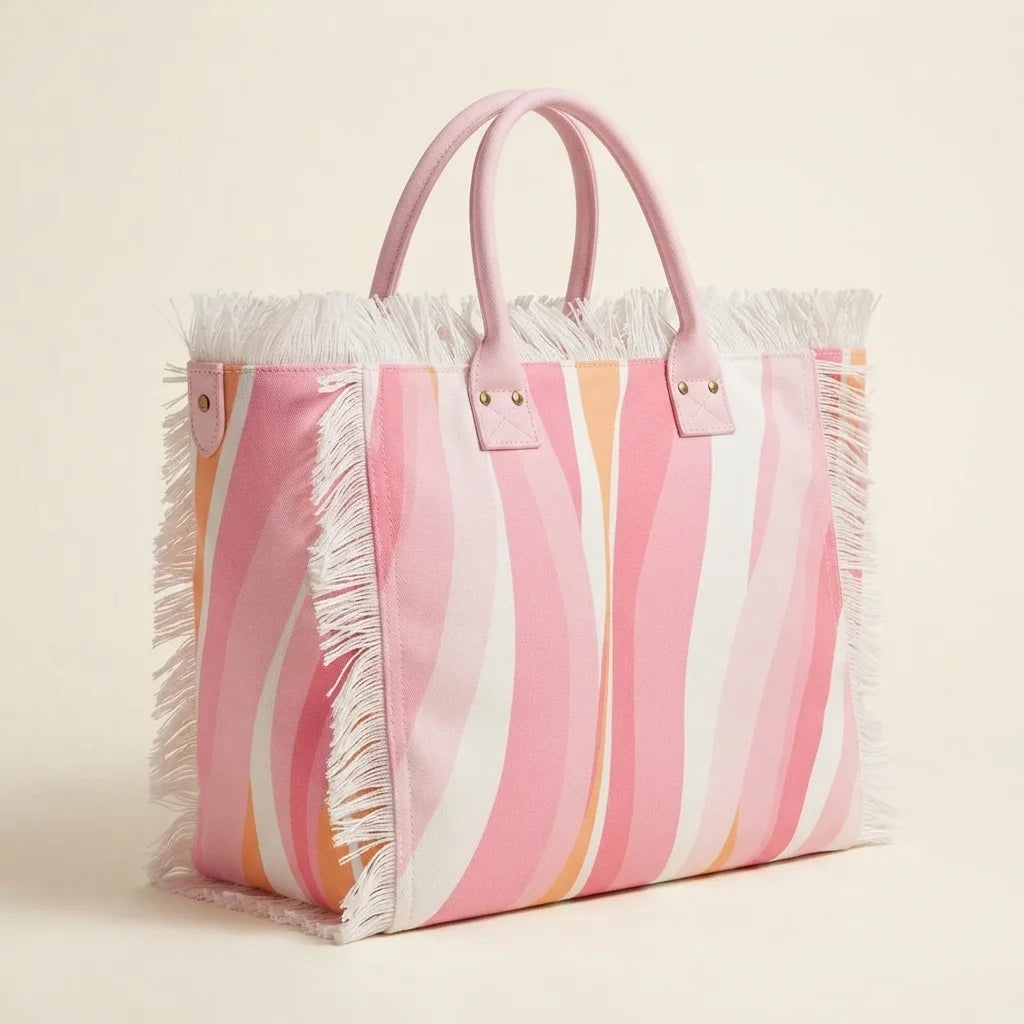Pink & White canvas fringe tote bag, three-quarter angle showing side depth