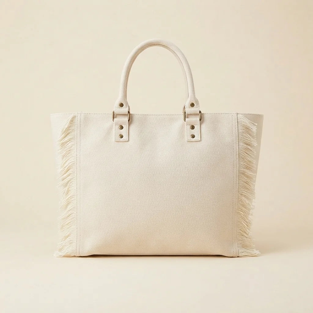 Back panel of White canvas fringe tote bag with strap attachments