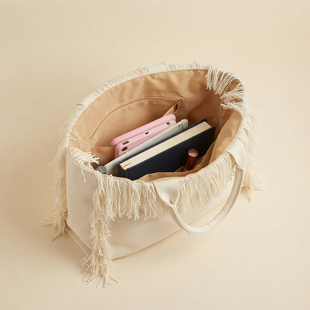 Interior lining and pockets of White canvas fringe tote bag