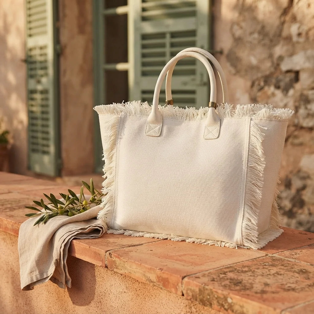 White canvas fringe tote bag styled in a warm Mediterranean setting