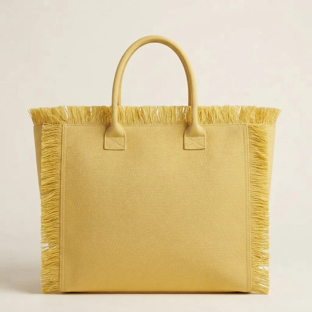 Yellow canvas fringe tote bag, front view