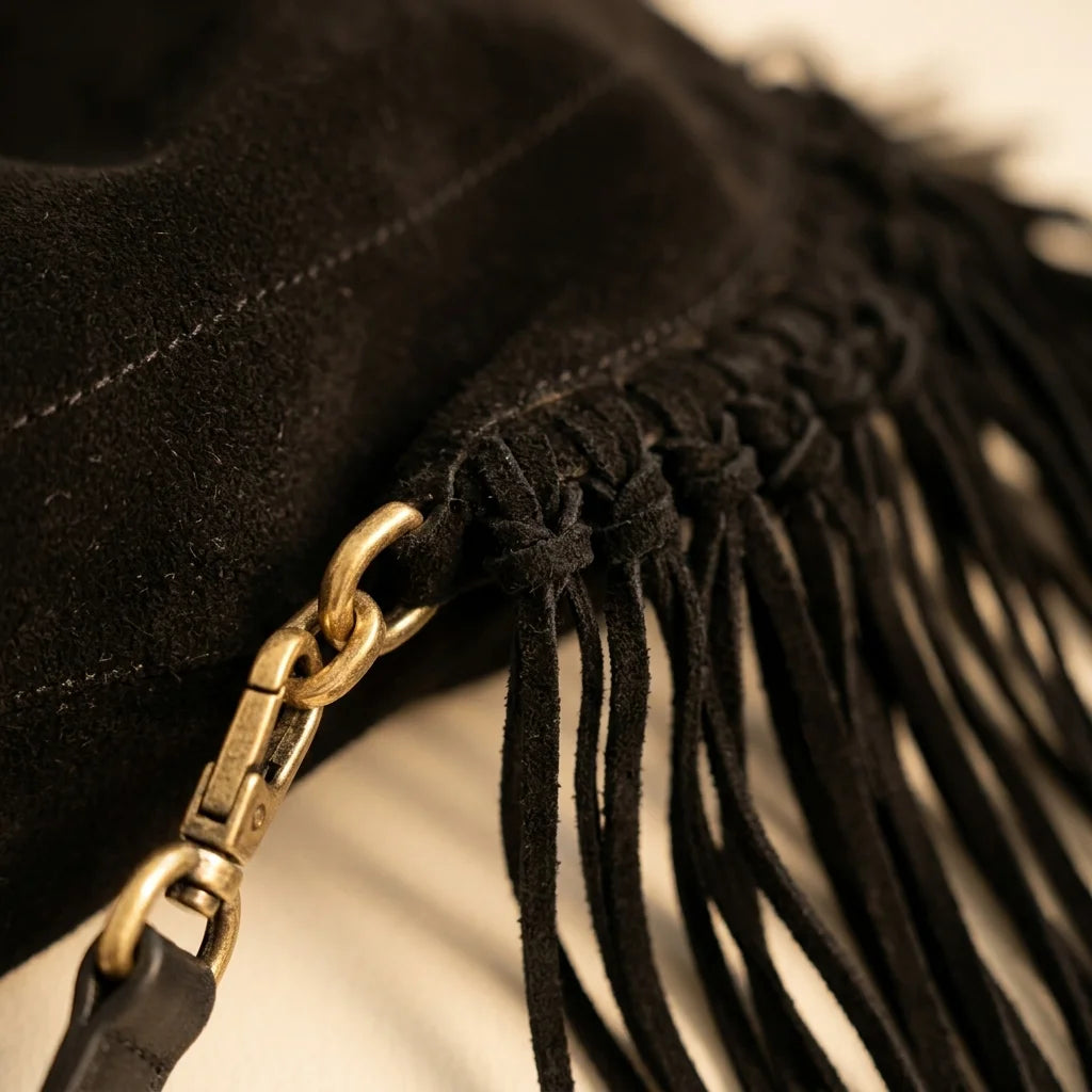Close-up of fringe stitching and texture on Black cowhide bag with fringe