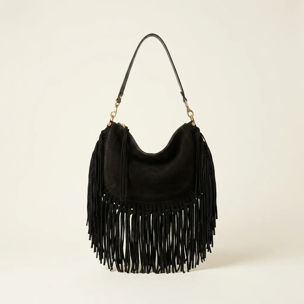 Black cowhide bag with fringe, front view