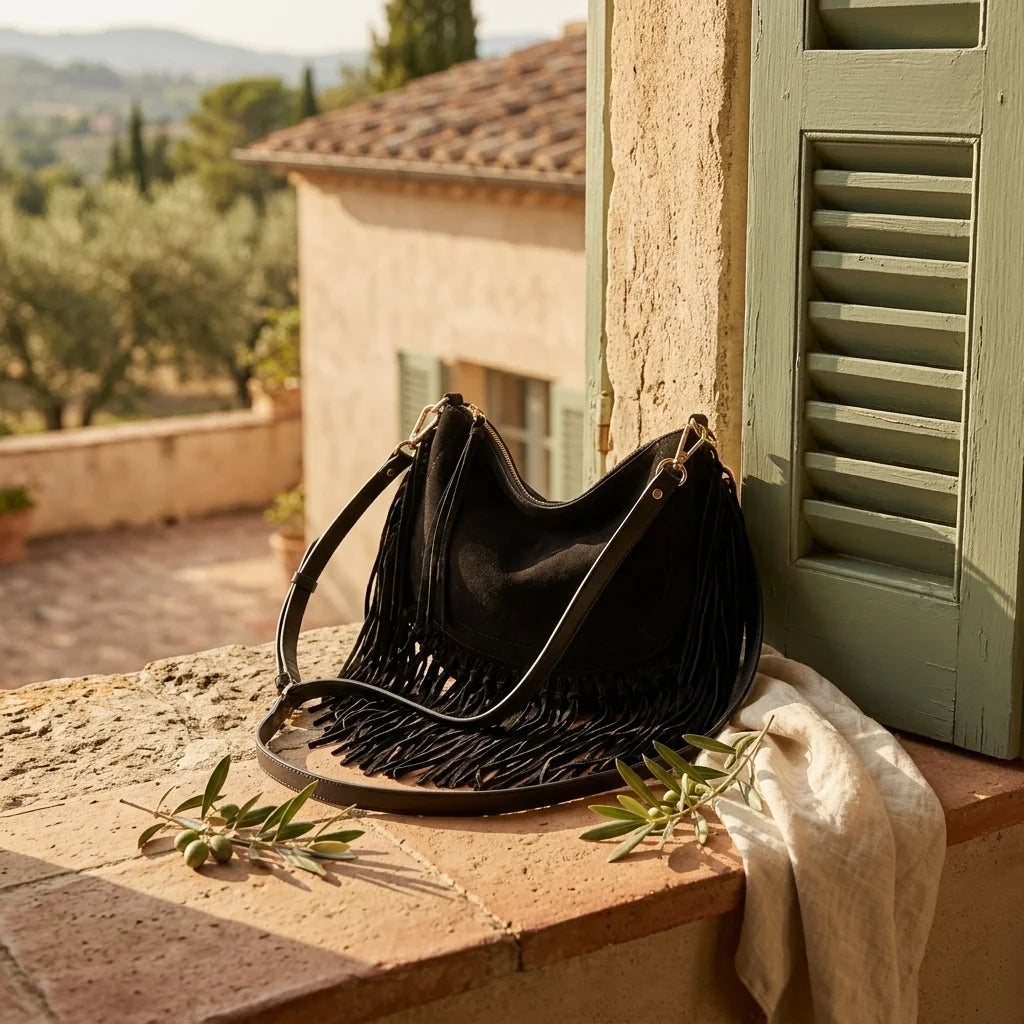 Black cowhide bag with fringe styled in a warm Mediterranean setting