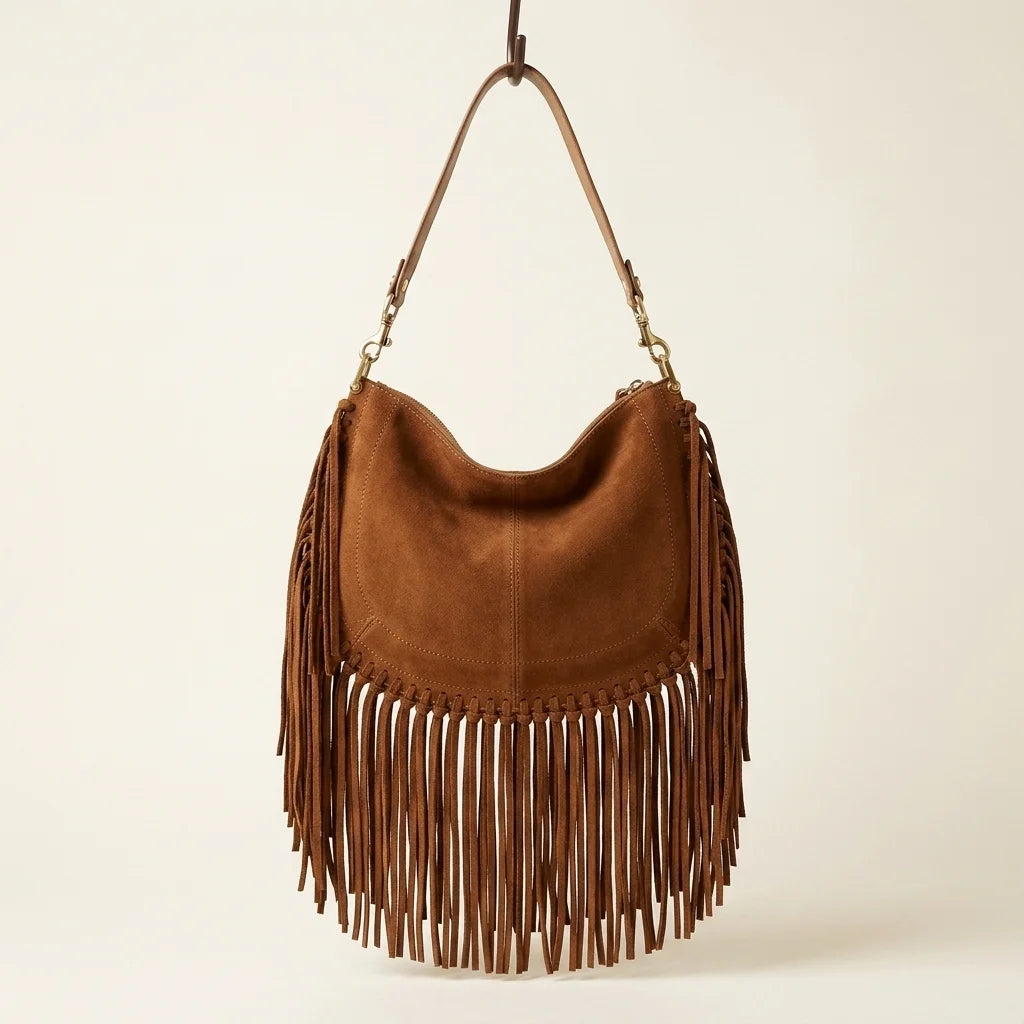 Back panel of Brown cowhide bag with fringe with strap attachments
