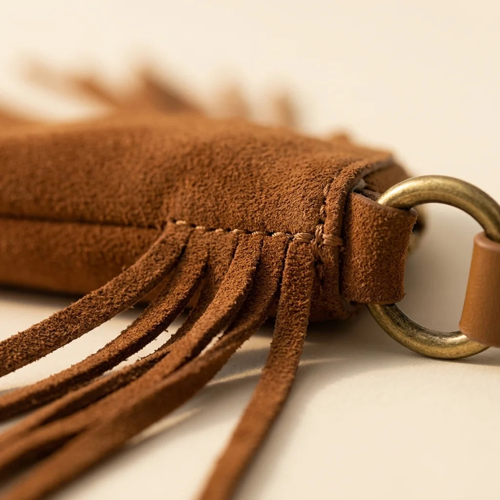 Close-up of fringe stitching and texture on Brown cowhide bag with fringe