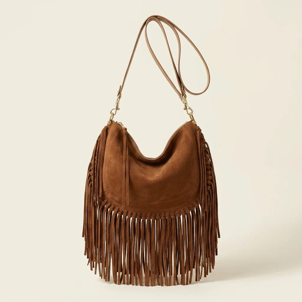 Brown cowhide bag with fringe, front view