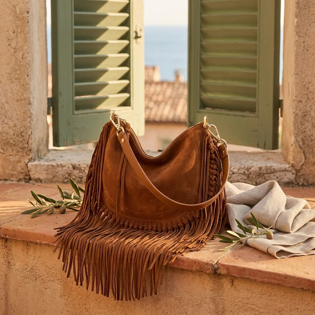 Brown cowhide bag with fringe styled in a warm Mediterranean setting