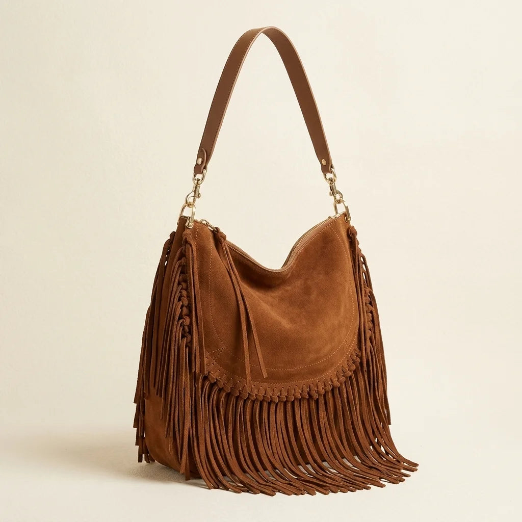 Brown cowhide bag with fringe, three-quarter angle showing side depth
