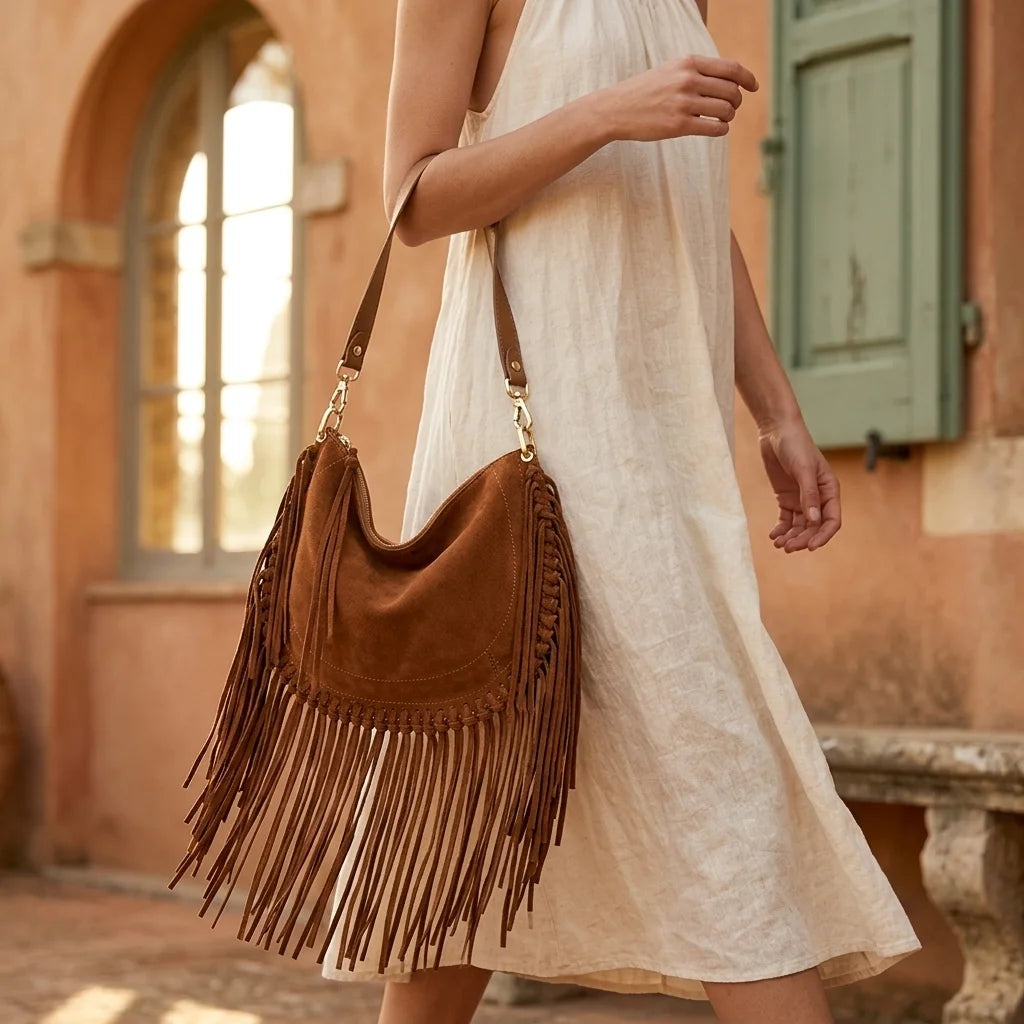 Woman wearing Brown cowhide bag with fringe with swaying fringe