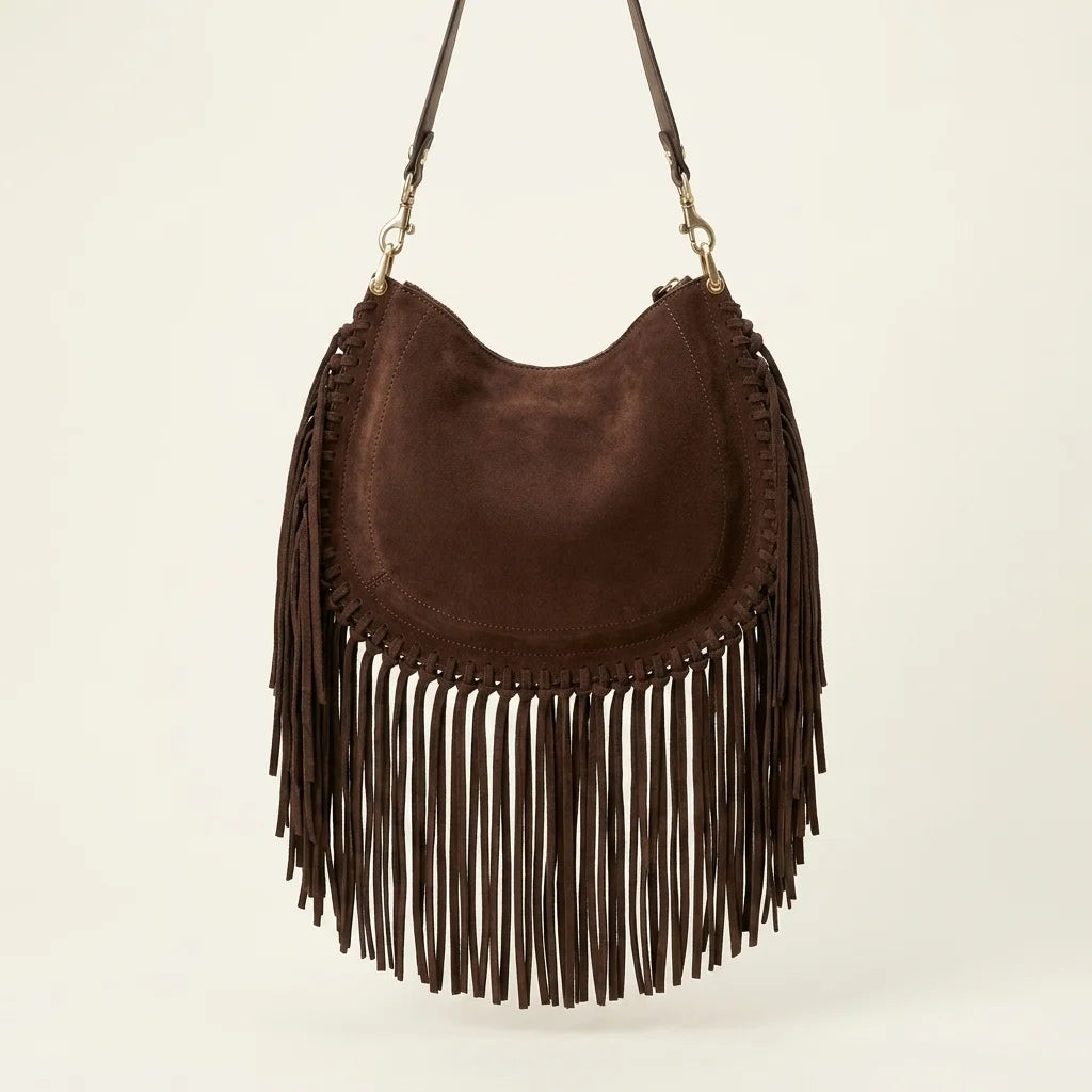 Back panel of Coffee cowhide bag with fringe with strap attachments