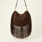 Back panel of Coffee cowhide bag with fringe with strap attachments