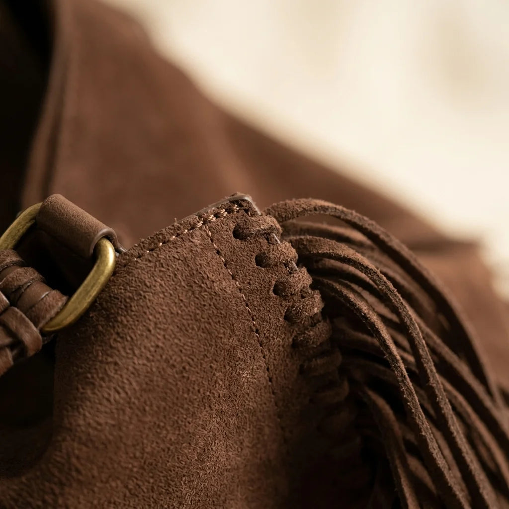 Close-up of fringe stitching and texture on Coffee cowhide bag with fringe