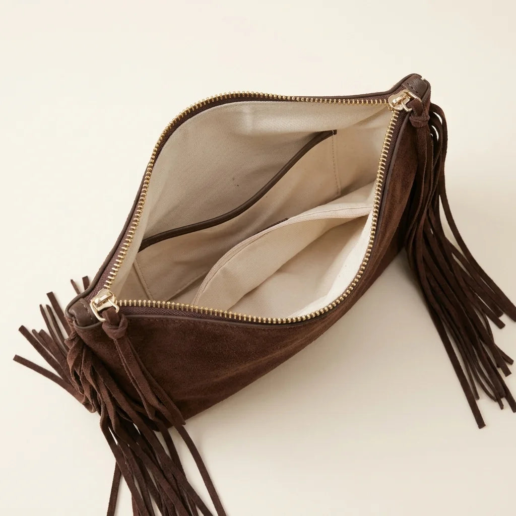 Interior lining and pockets of Coffee cowhide bag with fringe