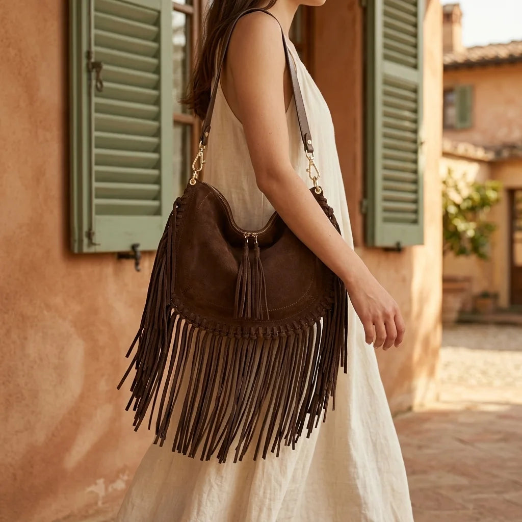 Woman wearing Coffee cowhide bag with fringe with swaying fringe