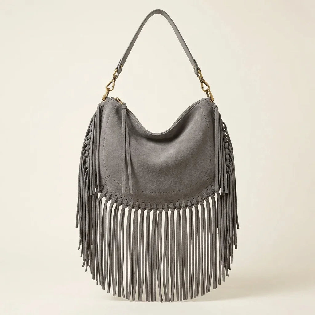 Grey cowhide bag with fringe, front view