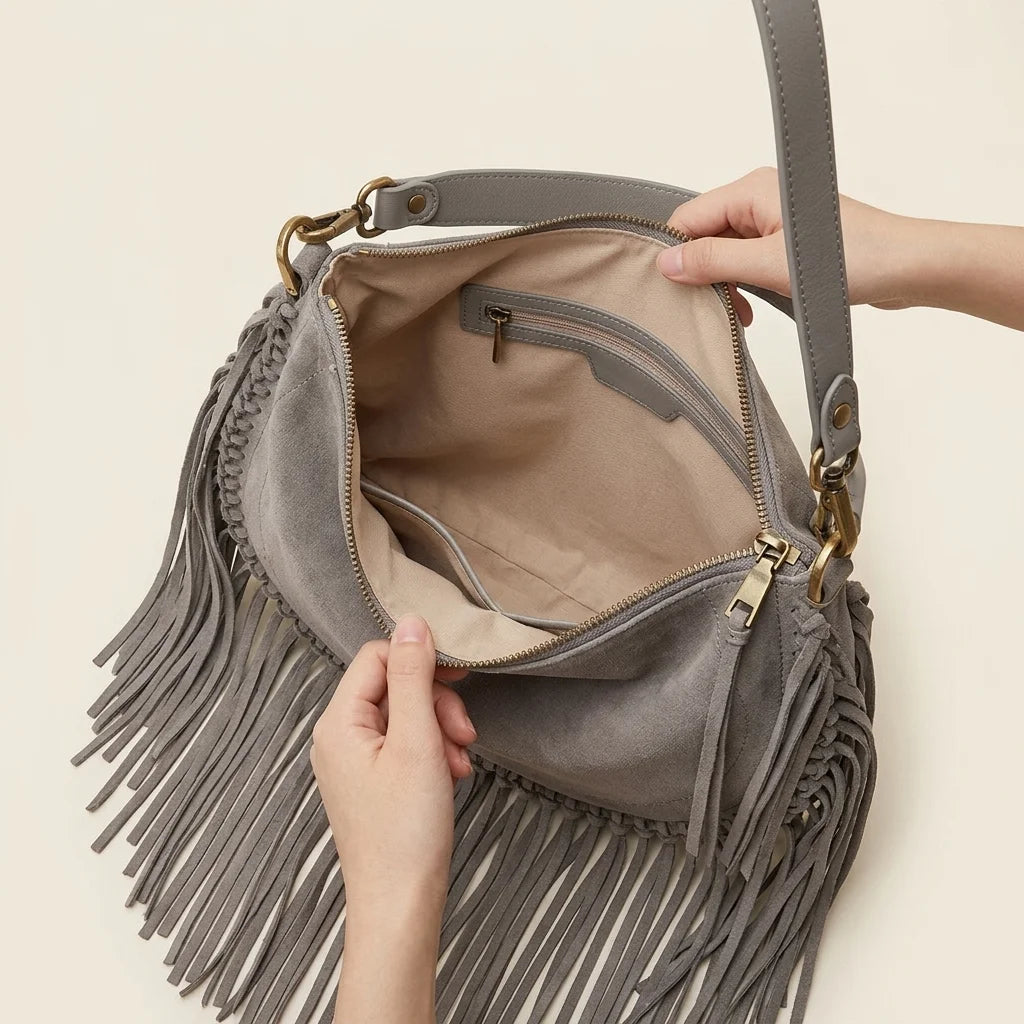 Interior lining and pockets of Grey cowhide bag with fringe