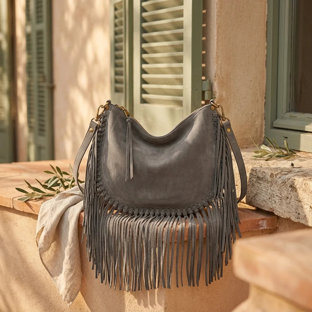 Grey cowhide bag with fringe styled in a warm Mediterranean setting
