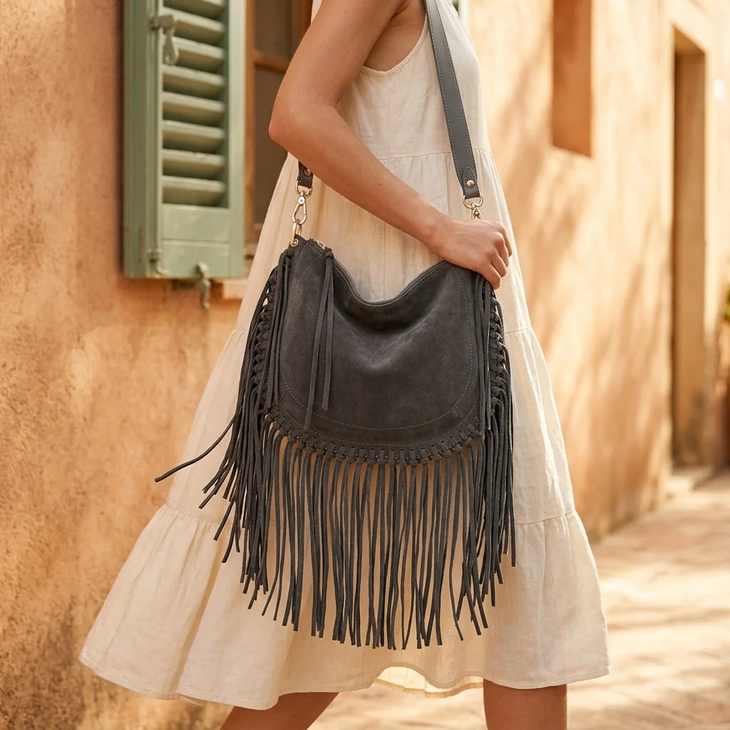 Woman wearing Grey cowhide bag with fringe with swaying fringe