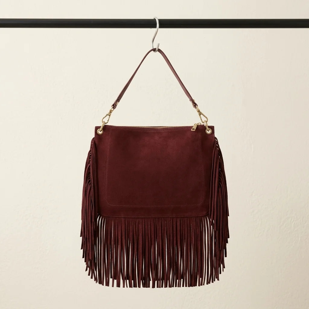 Back panel of Red cowhide bag with fringe with strap attachments