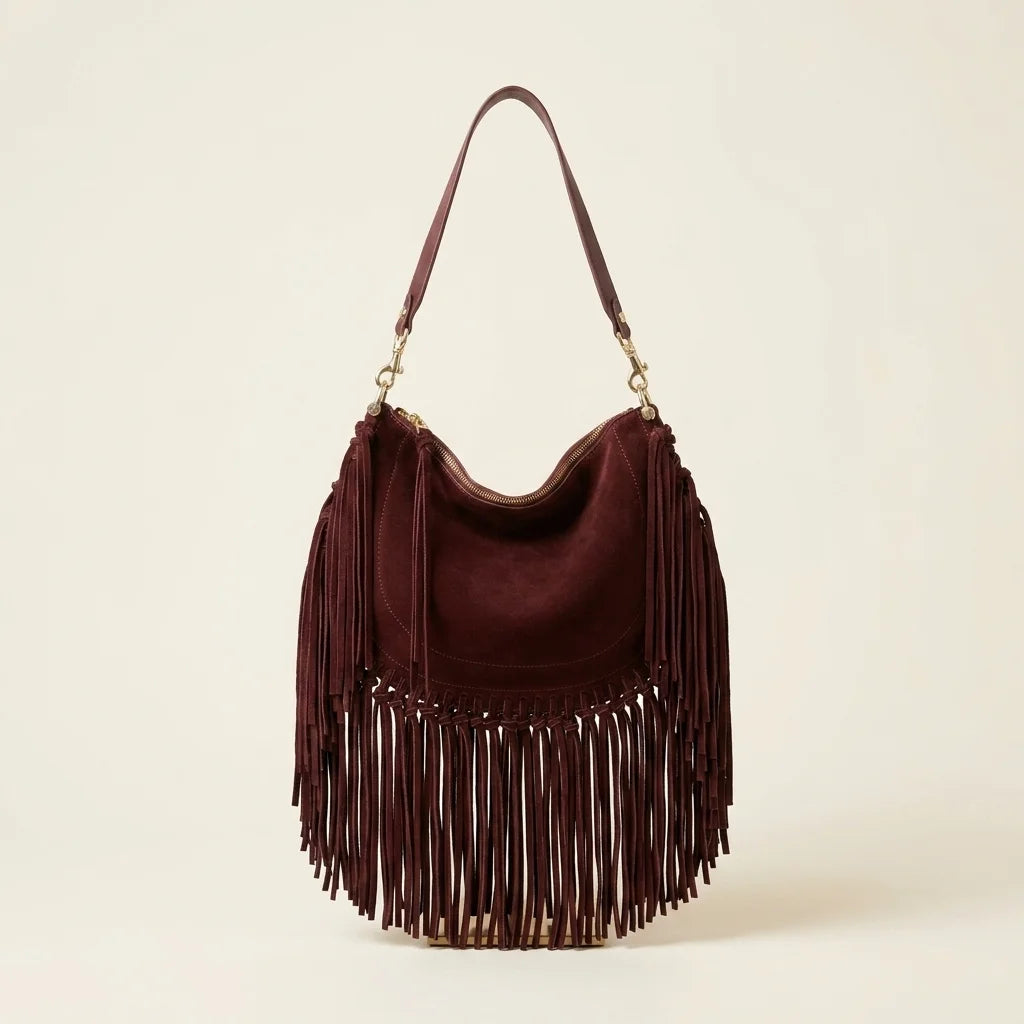 Red cowhide bag with fringe, front view