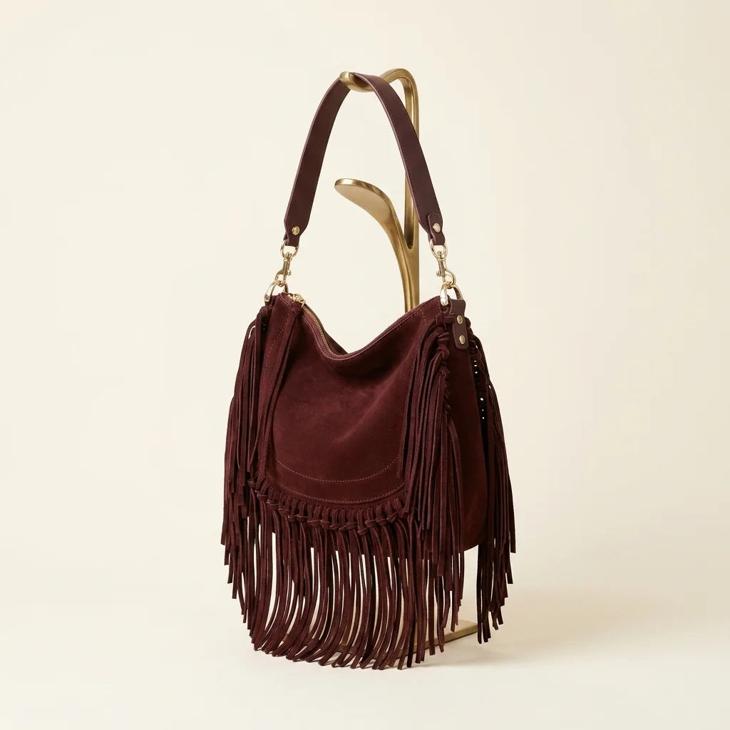 Red cowhide bag with fringe, three-quarter angle showing side depth