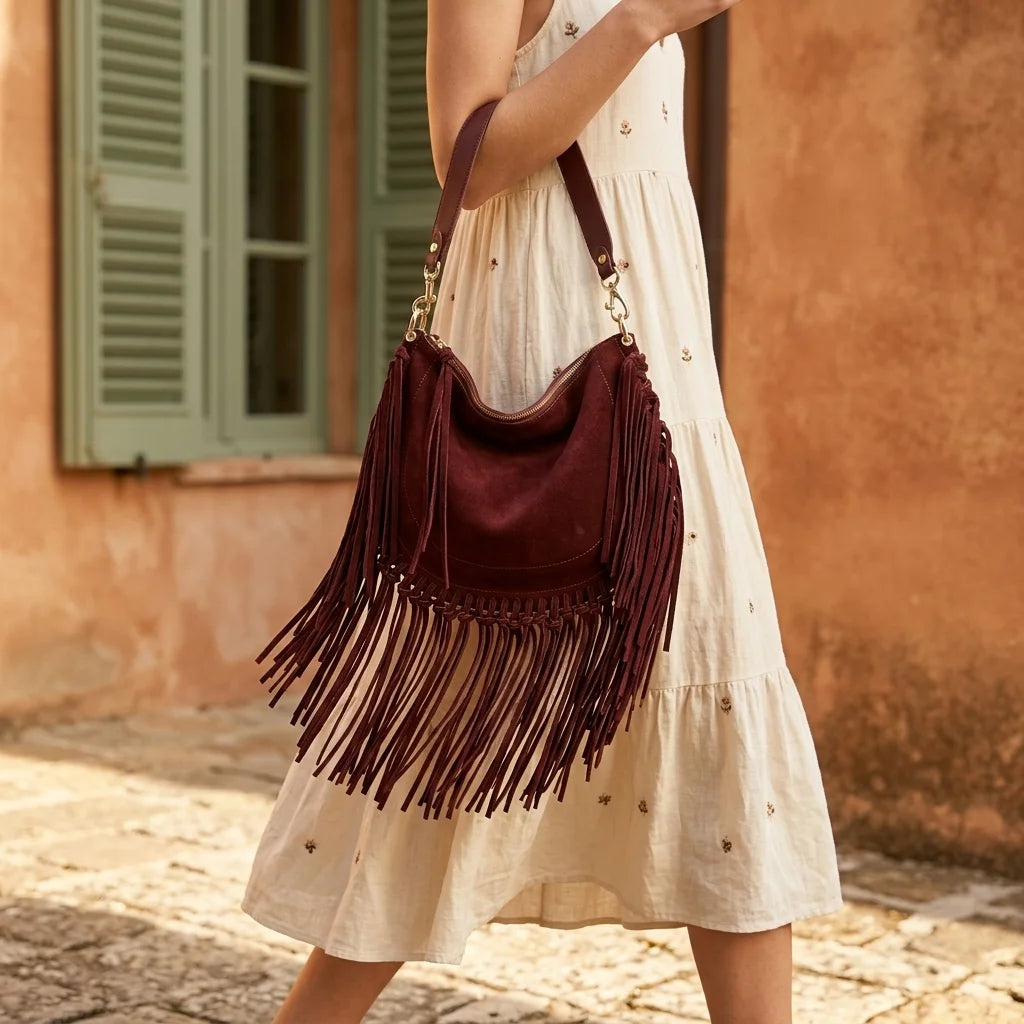 Woman wearing Red cowhide bag with fringe with swaying fringe