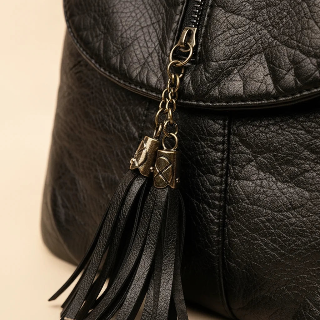 Close-up of fringe stitching and texture on Black cowhide crossbody bag with fringe