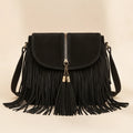 Black cowhide crossbody bag with fringe, front view