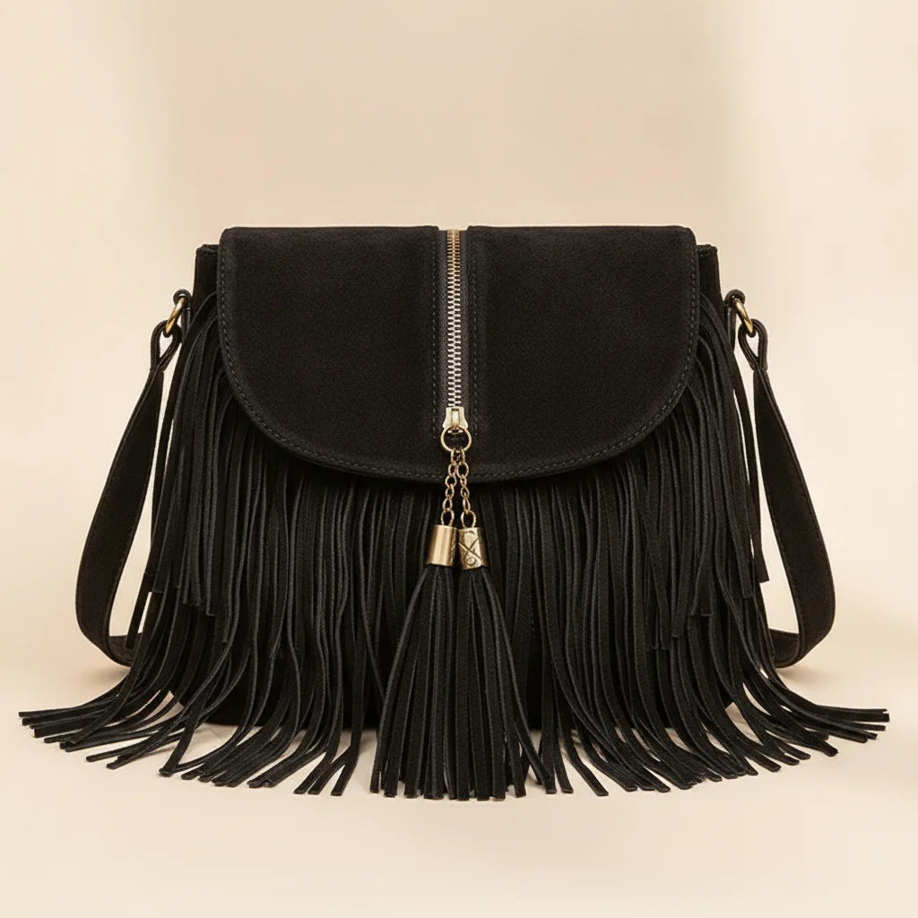 Black cowhide crossbody bag with fringe, front view