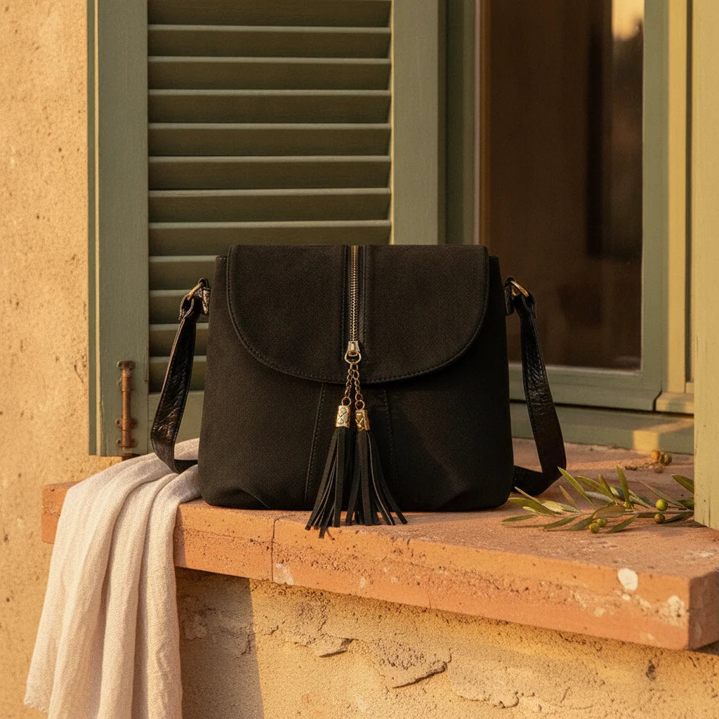 Black cowhide crossbody bag with fringe styled in a warm Mediterranean setting