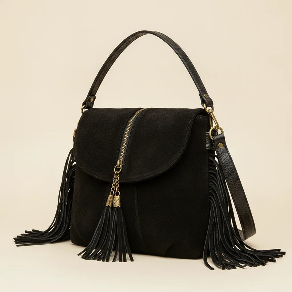 Black cowhide crossbody bag with fringe, three-quarter angle showing side depth