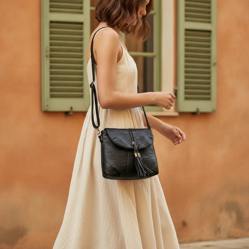 Woman wearing Black cowhide crossbody bag with fringe with swaying fringe