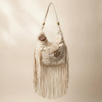 Cream cream fringe bag, front view