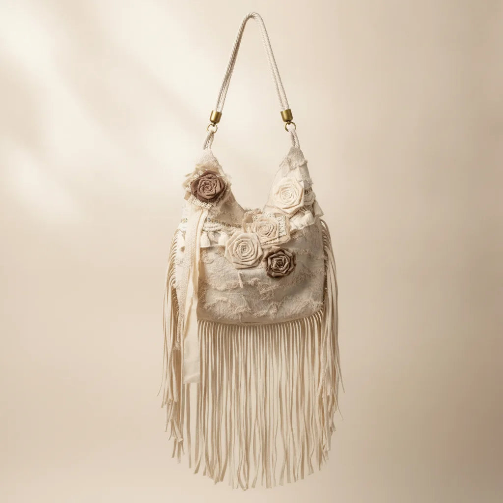 Cream cream fringe bag, front view